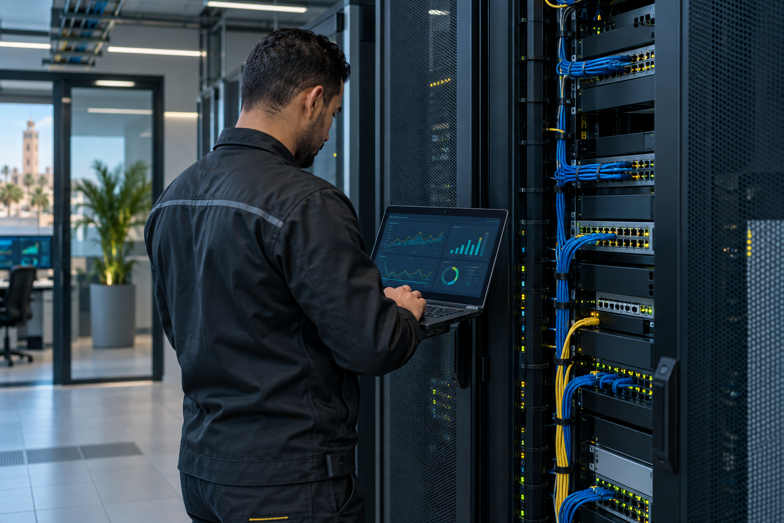 Technicien assurant la maintenance d’une infrastructure réseau