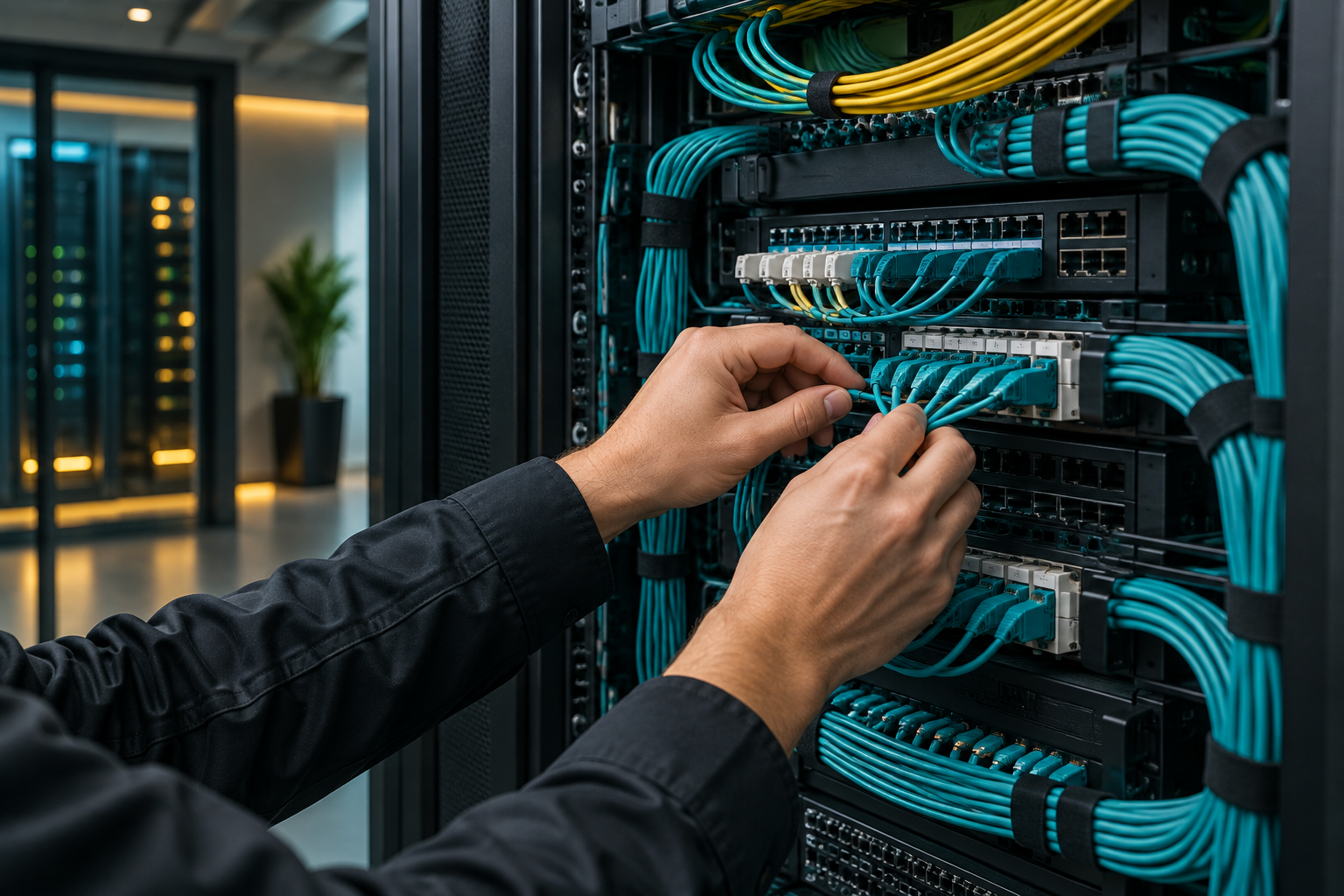 Installation professionnelle de câblage réseau dans une baie informatique