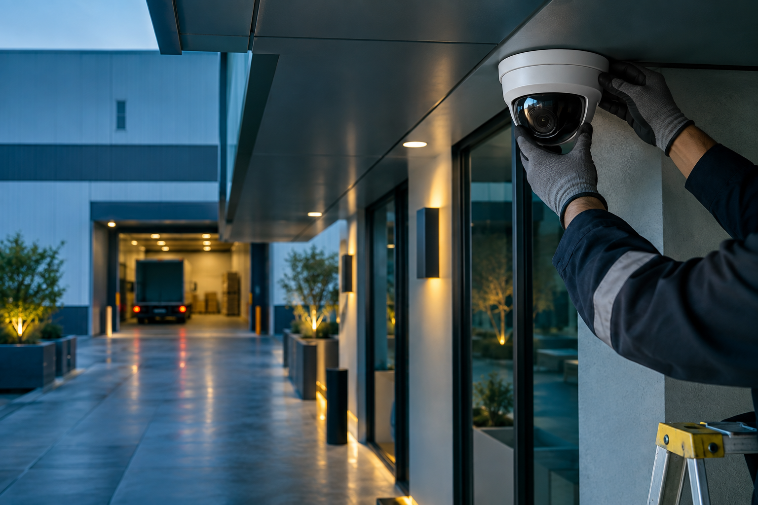 Caméra IP professionnelle installée dans un bâtiment moderne